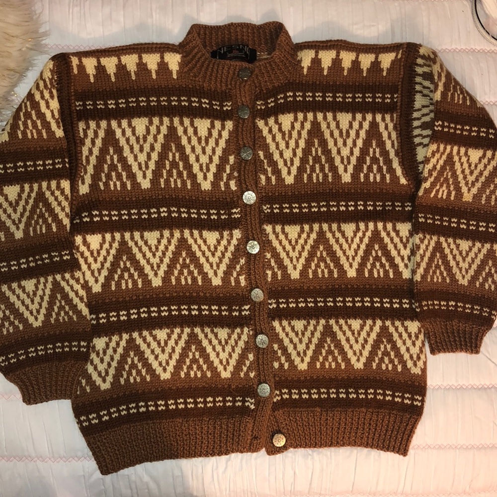 Tan Brown Cream Nesna Norway Wool Cardigan Sweater